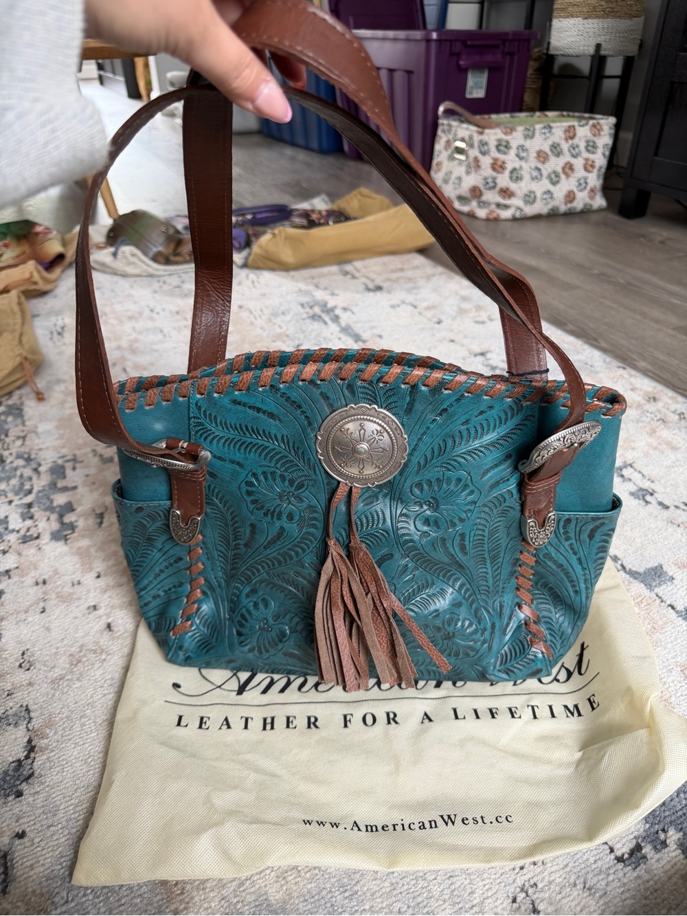 American West Teal Tooled Leather Shoulder Bag with Brown Straps
